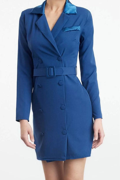 Women Fashion Stylish Mini Length Jacket Collar Regular Belted Woven Jacket Dress