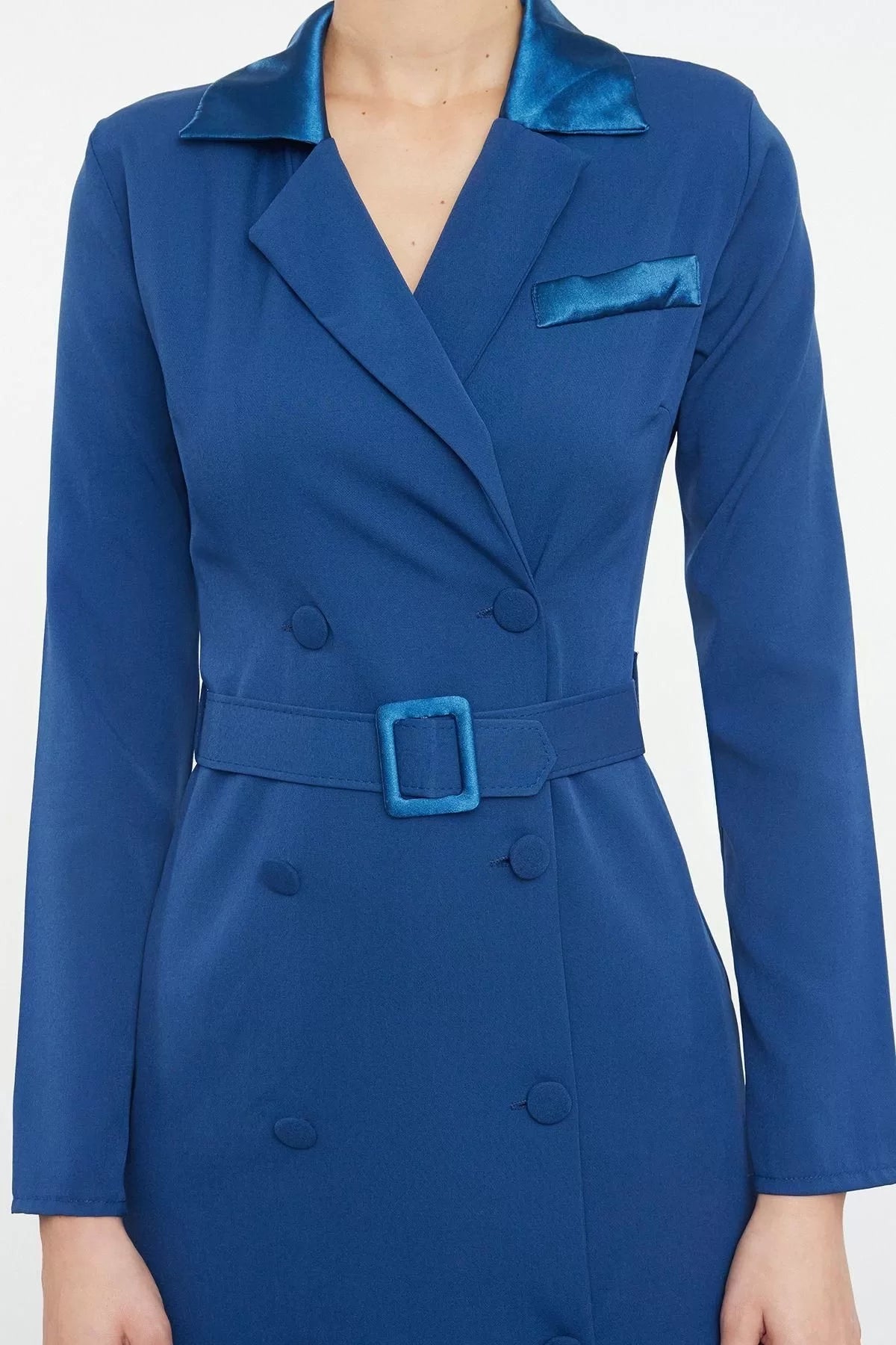 Women Fashion Stylish Mini Length Jacket Collar Regular Belted Woven Jacket Dress