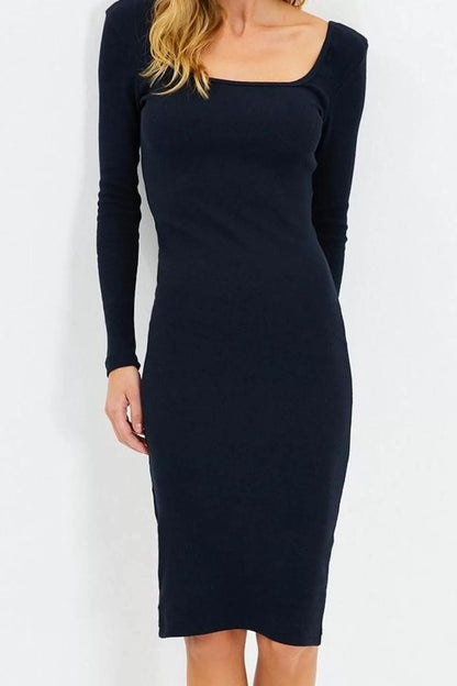 Women Fashion Stylish Midi Length Square Neck Slim Fit Long Sleeve Ribbed Stretchy Knit Dress