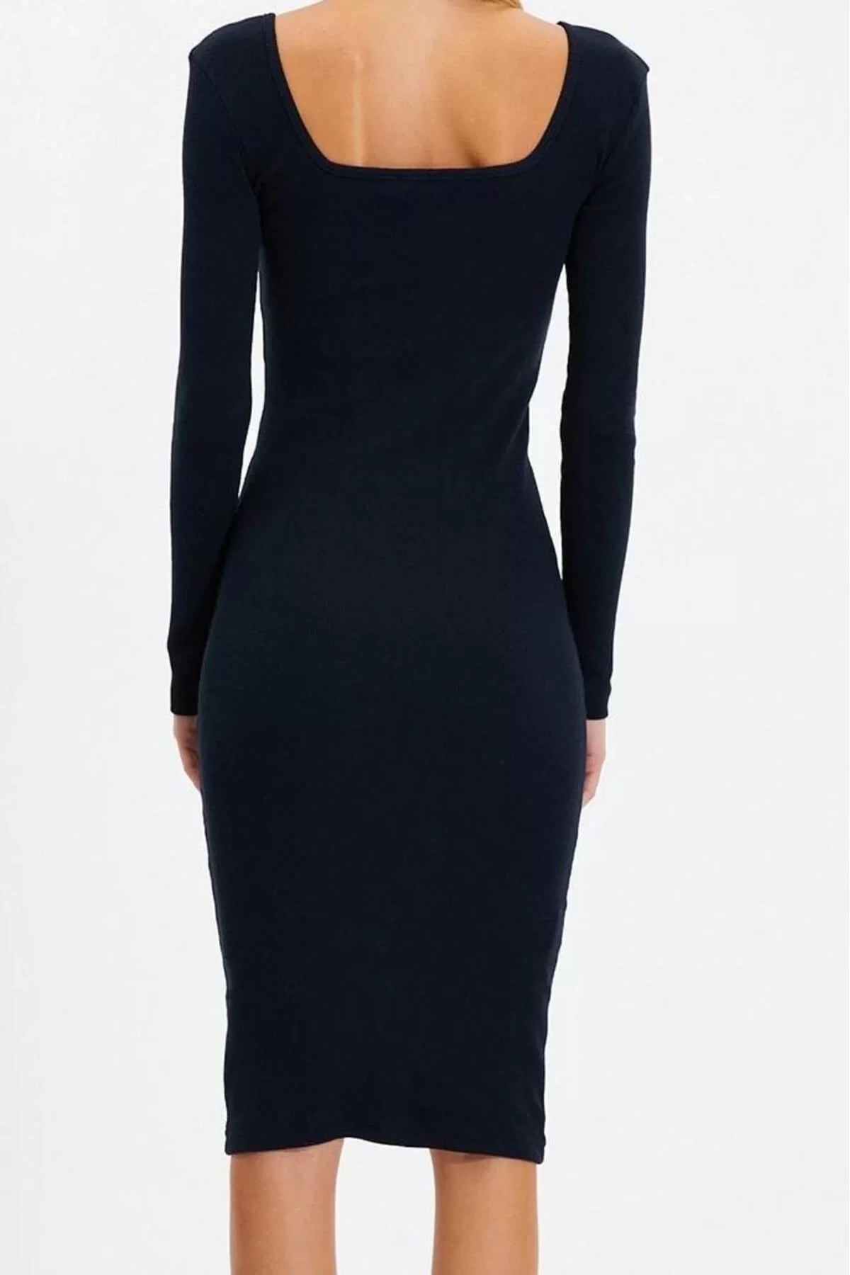 Women Fashion Stylish Midi Length Square Neck Slim Fit Long Sleeve Ribbed Stretchy Knit Dress