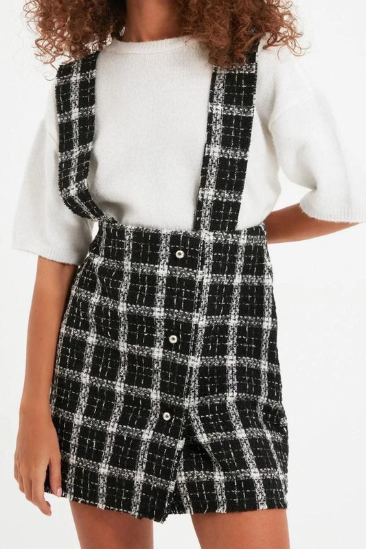 Women Fashion Stylish Mini Length Square Collar Regular Plaid Checked Woven Dress