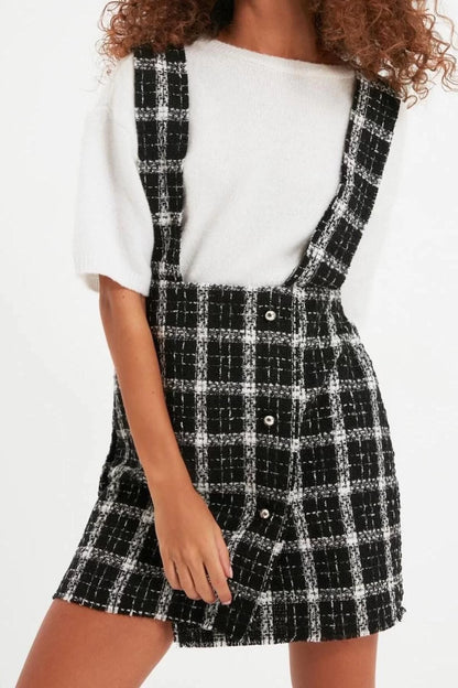 Women Fashion Stylish Mini Length Square Collar Regular Plaid Checked Woven Dress