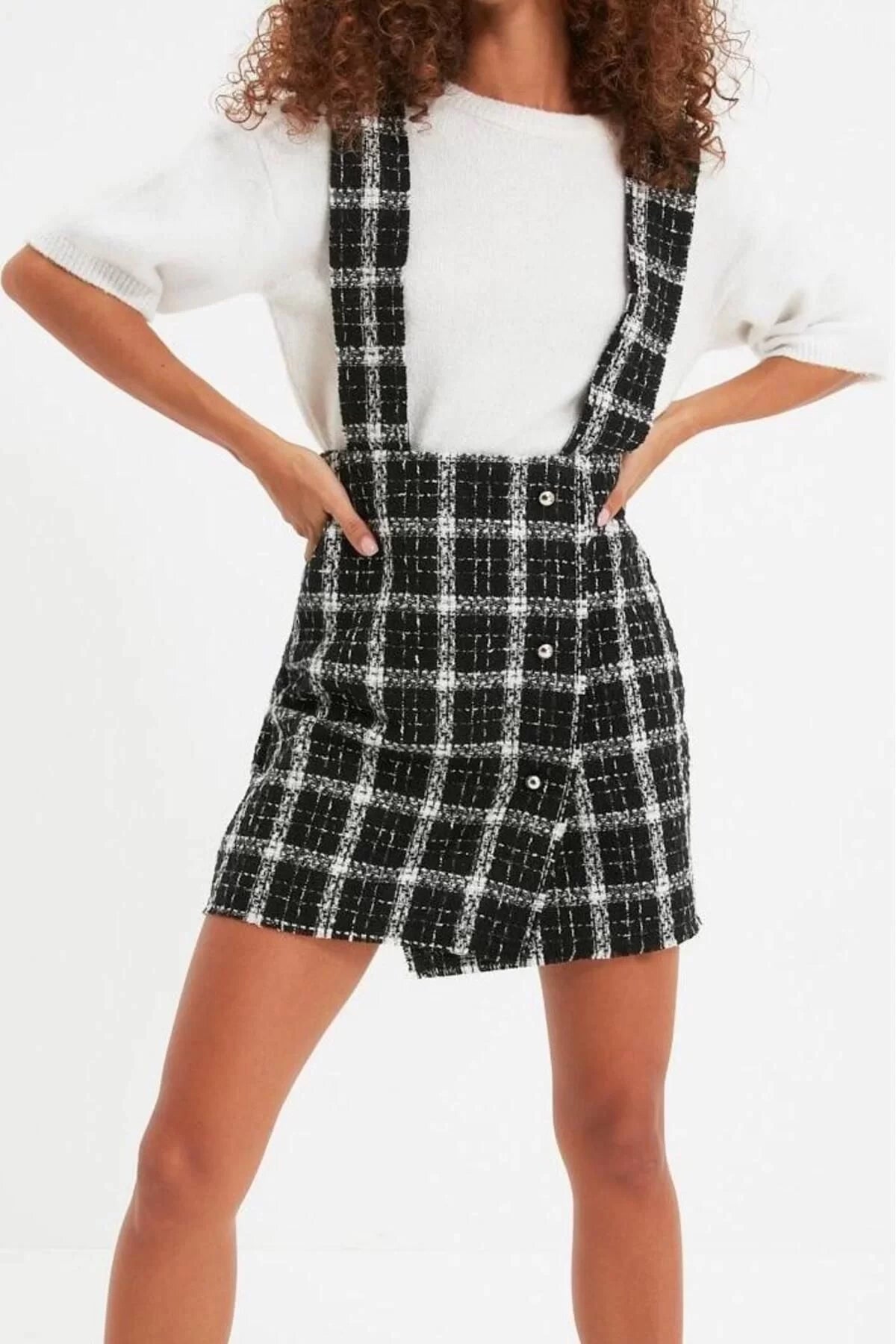 Women Fashion Stylish Mini Length Square Collar Regular Plaid Checked Woven Dress