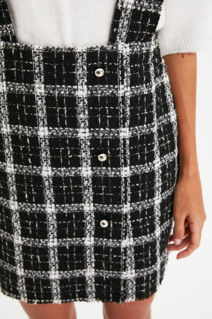 Women Fashion Stylish Mini Length Square Collar Regular Plaid Checked Woven Dress