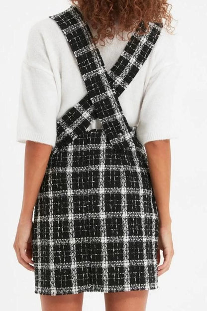 Women Fashion Stylish Mini Length Square Collar Regular Plaid Checked Woven Dress