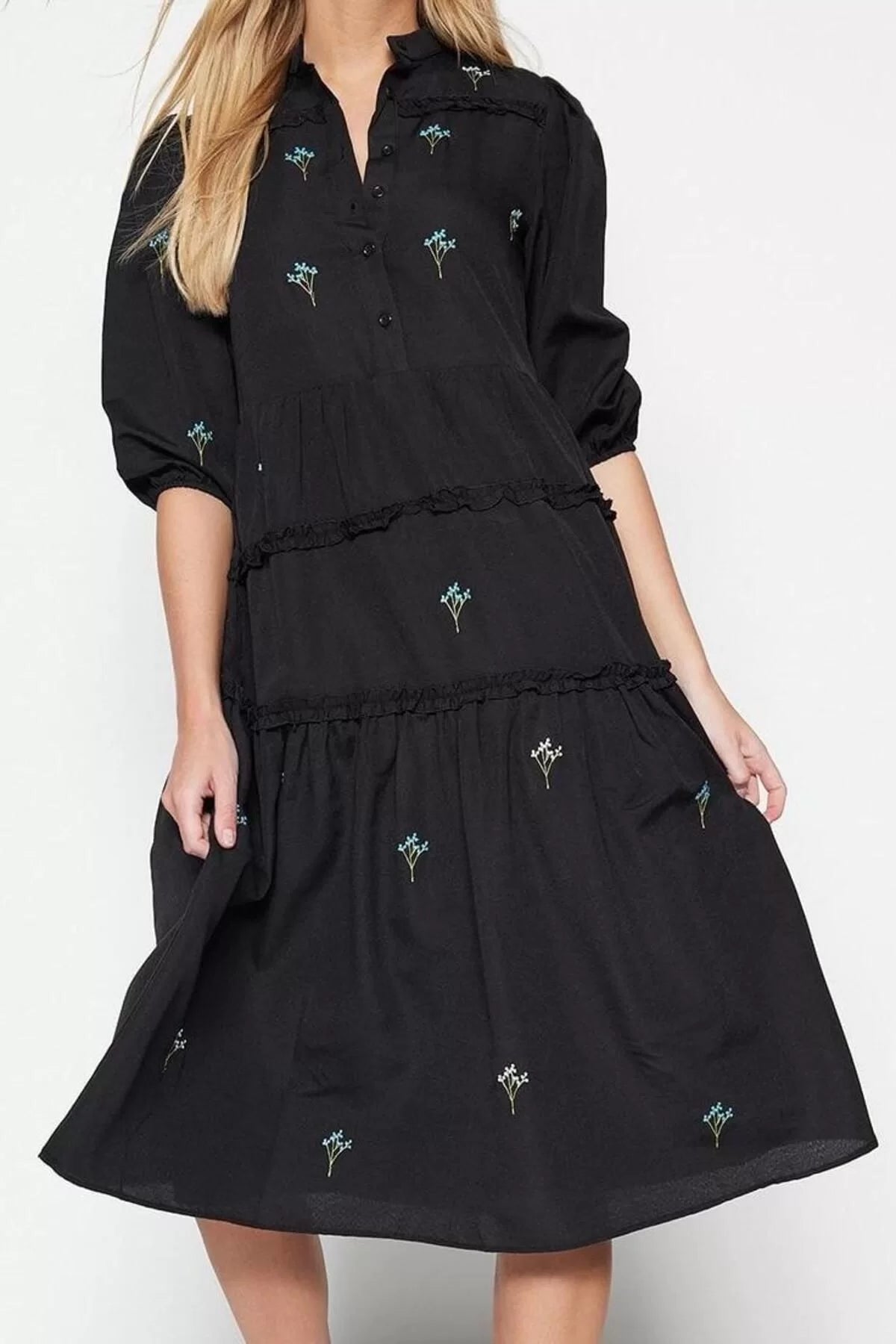 Women Fashion Stylish Midi Length Shirt Collar Regular Open Straight Cut Embroidered Woven Dress