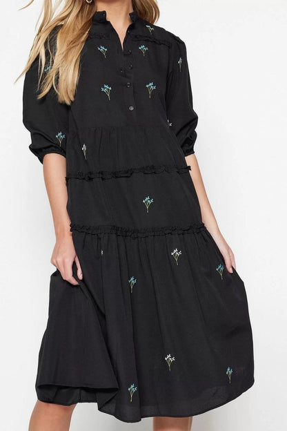 Women Fashion Stylish Midi Length Shirt Collar Regular Open Straight Cut Embroidered Woven Dress