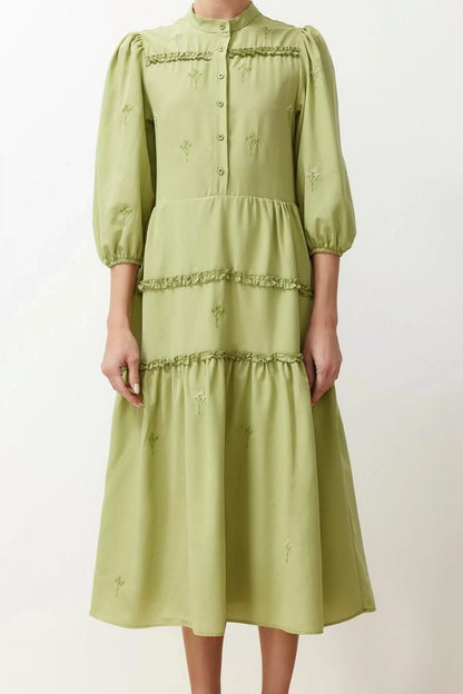 Women Fashion Stylish Midi Length Shirt Collar Regular Open Straight Cut Embroidered Woven Dress