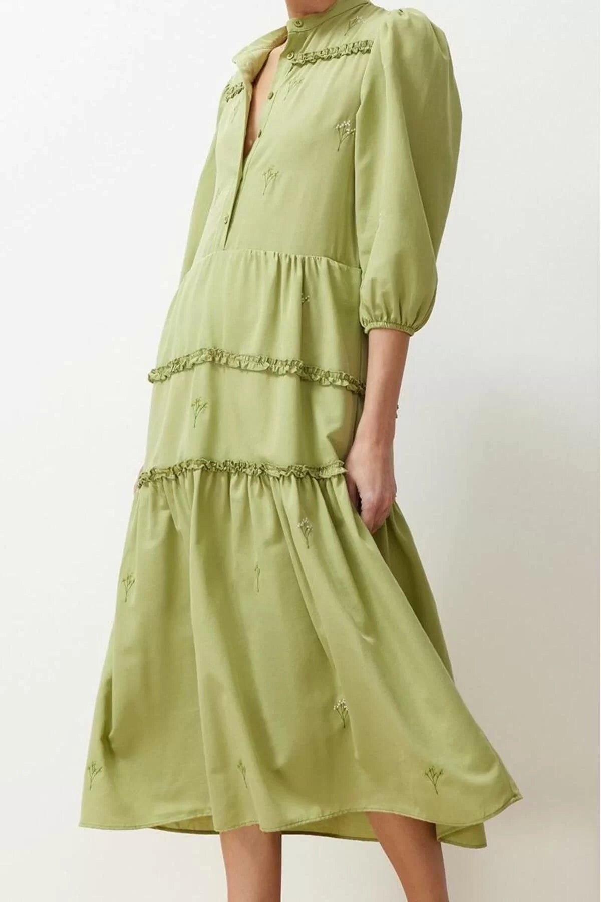 Women Fashion Stylish Midi Length Shirt Collar Regular Open Straight Cut Embroidered Woven Dress