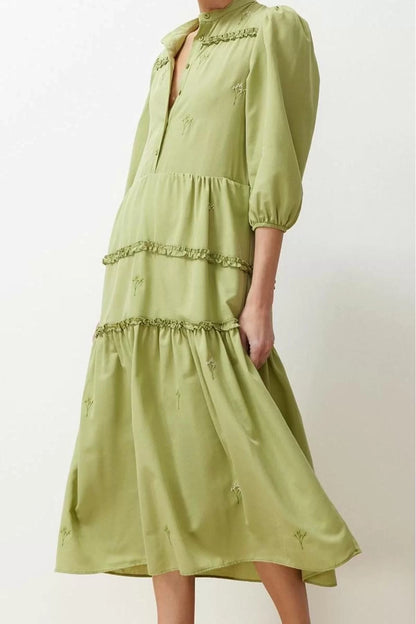 Women Fashion Stylish Midi Length Shirt Collar Regular Open Straight Cut Embroidered Woven Dress