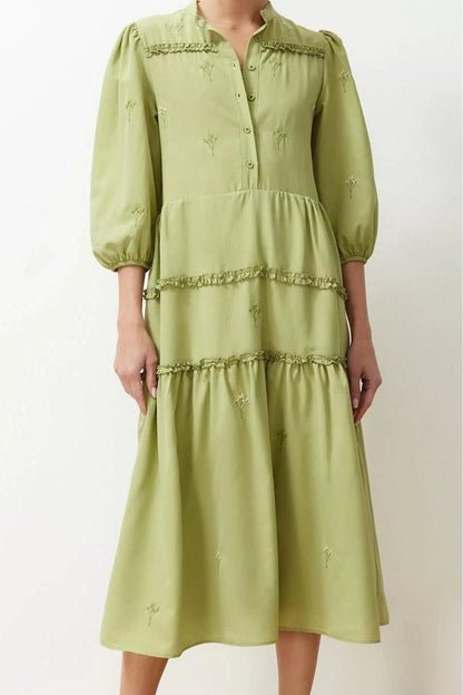 Women Fashion Stylish Midi Length Shirt Collar Regular Open Straight Cut Embroidered Woven Dress