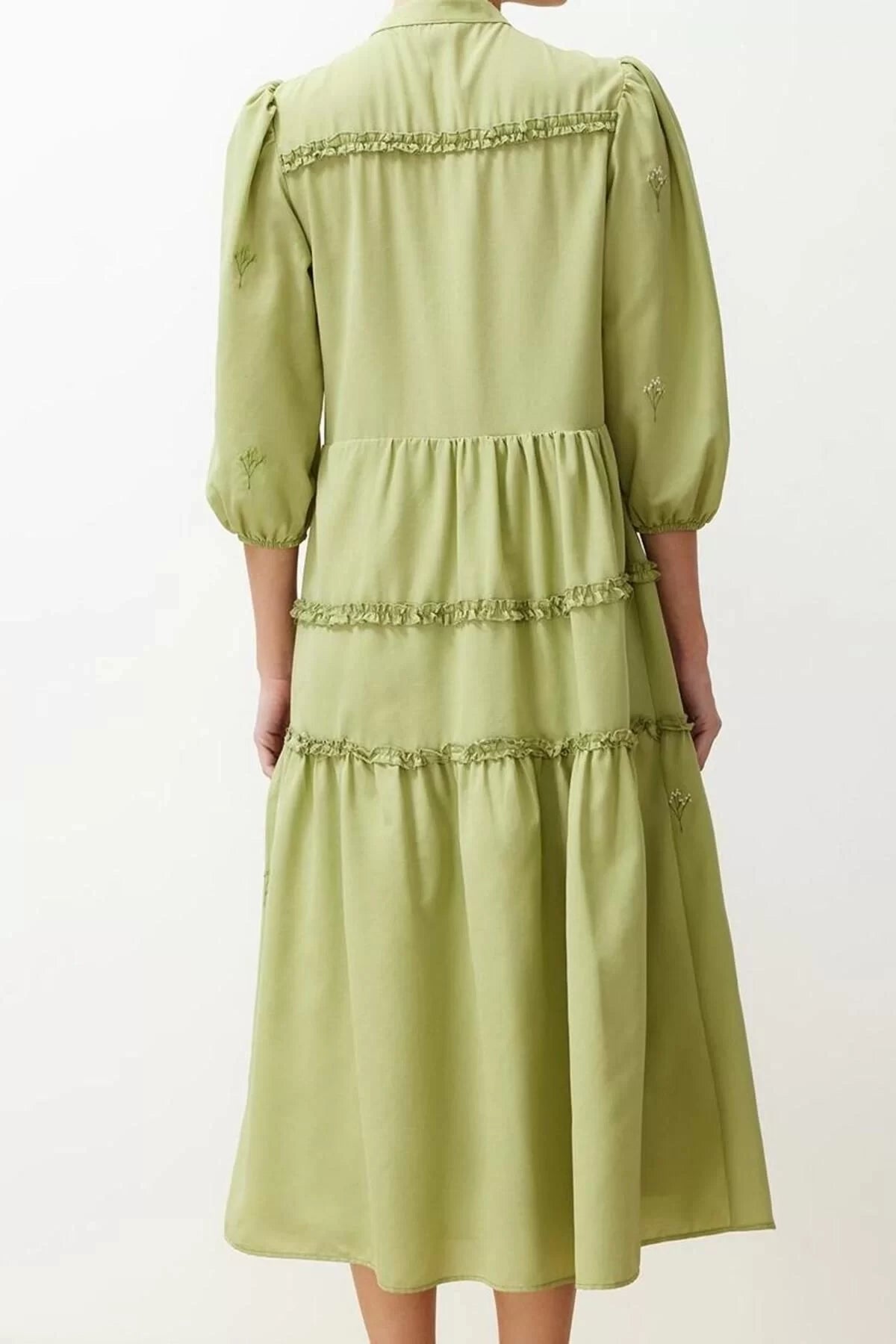 Women Fashion Stylish Midi Length Shirt Collar Regular Open Straight Cut Embroidered Woven Dress