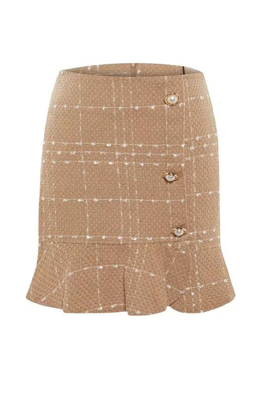 Women Fashion Style Mini Unlined Woven Buttoned Tweed Fabric Hem Flounce Mini Woven Skirt