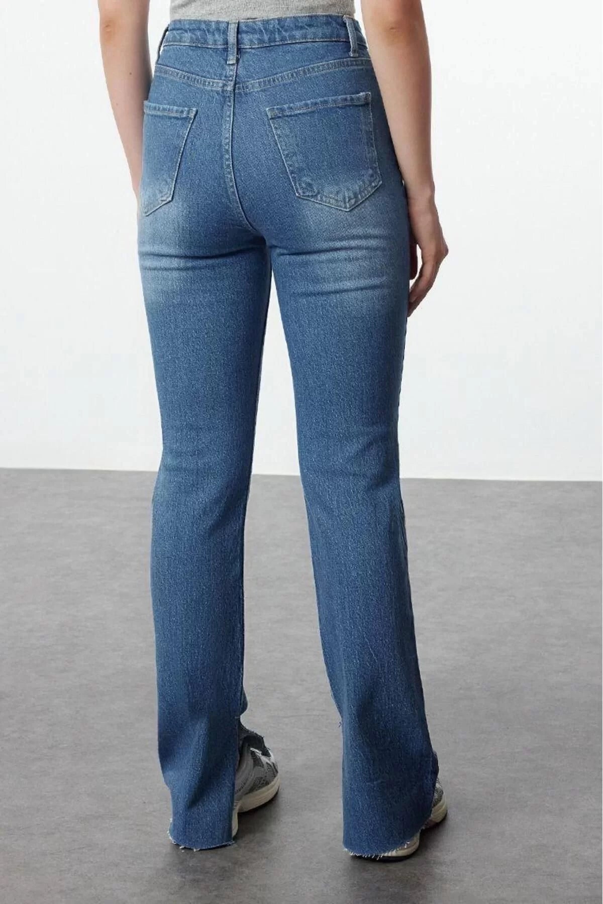 Women Fashion Stylish Jeans Straight Leg Regular Length Denim Navy Blue Slit High Waist Jeans