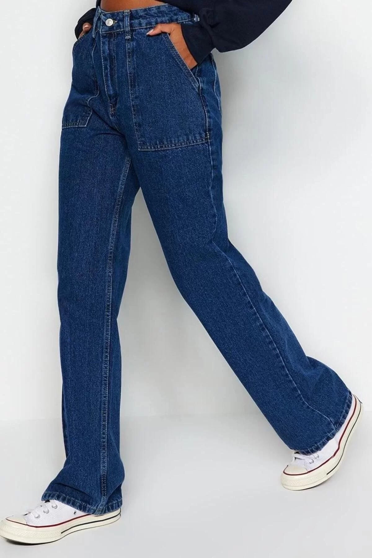 Women Fashion Stylish Jeans Wide Leg Regular Length Denim Navy Blue Pocket Detailed High Waist Jeans