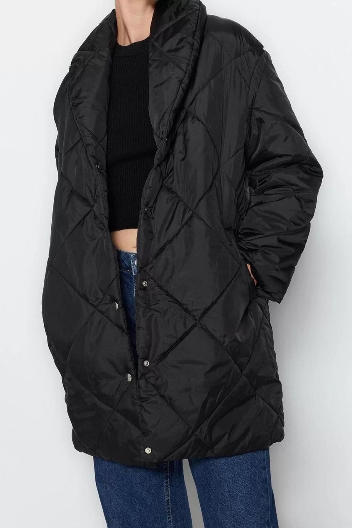 Women Fashion Stylish Oversize Jacket Collar Midi Plain Lined Oversize Quilted Puffer Coat