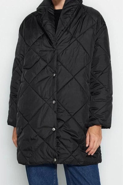 Women Fashion Stylish Oversize Jacket Collar Midi Plain Lined Oversize Quilted Puffer Coat