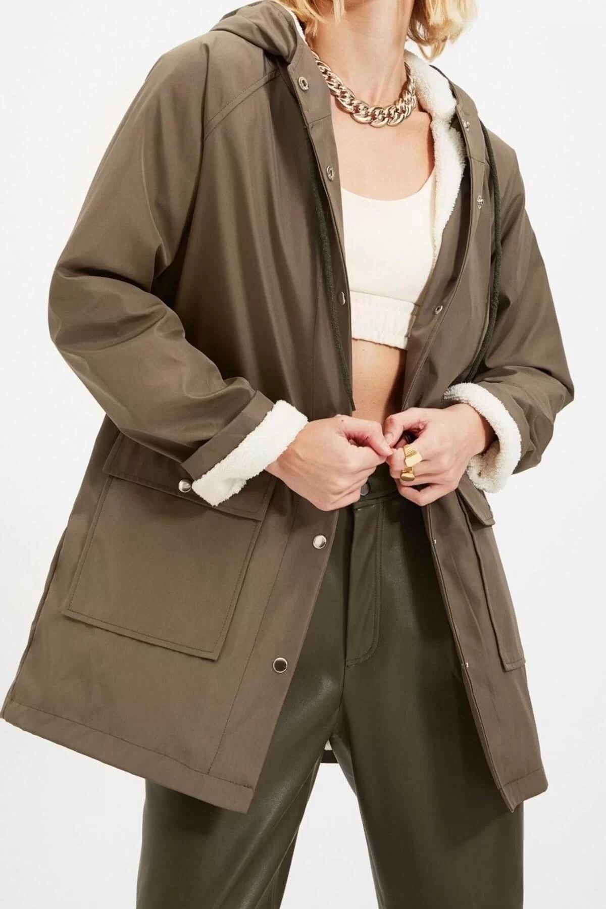 Women Fashion Stylish Regular Hooded Collar Midi Plain Lined Plush Hooded Raincoat Coat