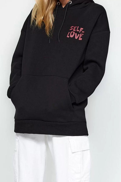 Women's Oversize Hooded Low Sleeve Long Back Print Wide Cut Thick Polar Fleece Knitted Sweatshirt