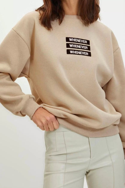 Women's Crew Neck Low Sleeve Thick Polar Fleece Inside Slogan Embroidered Comfortable Knitted Sweatshirt