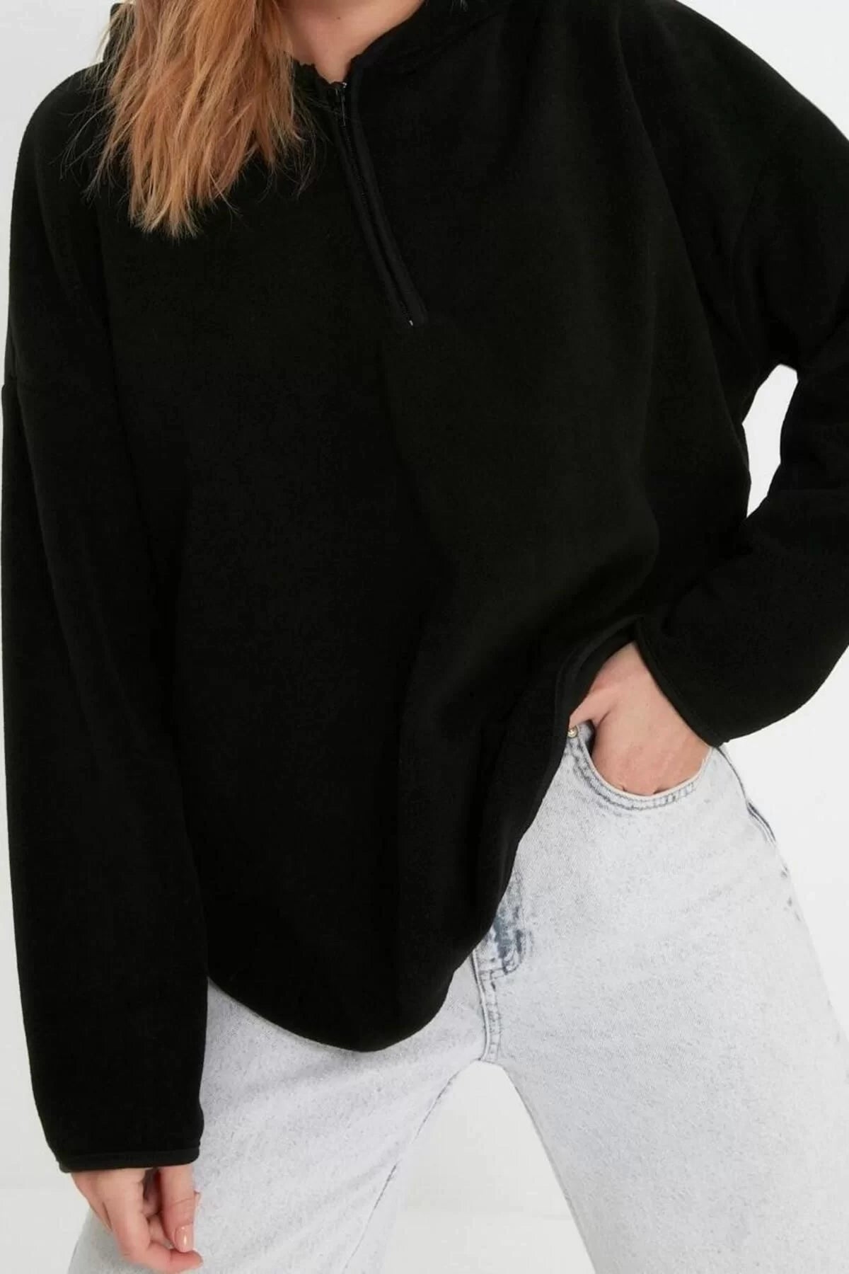 Women's Fashion Stylish Loose Hooded Low Sleeve Long Thick Fleece and Zippered Wide Pattern Knitted Sweatshirt