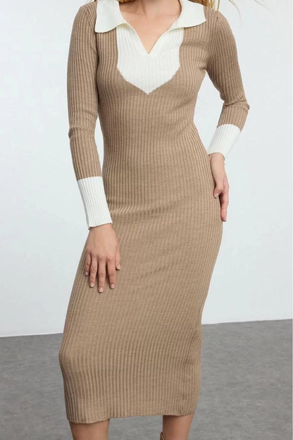 Women Fashion Stylish Midi Length Polo Neck Slim Knit Color Block Dress