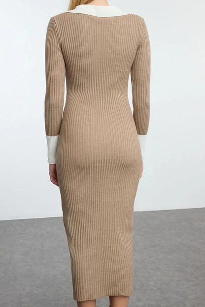 Women Fashion Stylish Midi Length Polo Neck Slim Knit Color Block Dress