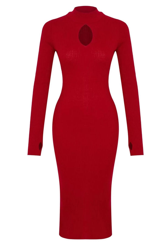 Women Fashion Stylish Midi Length Stand Collar Slim Knitwear Window Cut Out Dress