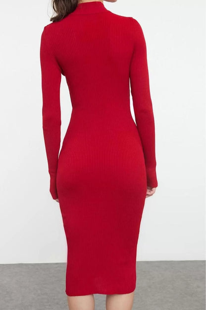 Women Fashion Stylish Midi Length Stand Collar Slim Knitwear Window Cut Out Dress