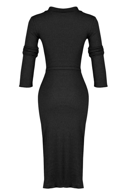 Women Fashion Stylish Midi Length Shirt Collar Slim Fit Polo Collar Ribbed Buttoned Flexible Knit Dress