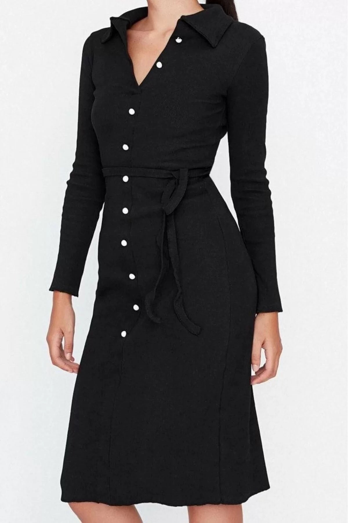 Women Fashion Stylish Midi Length Shirt Collar Slim Fit Polo Collar Ribbed Buttoned Flexible Knit Dress