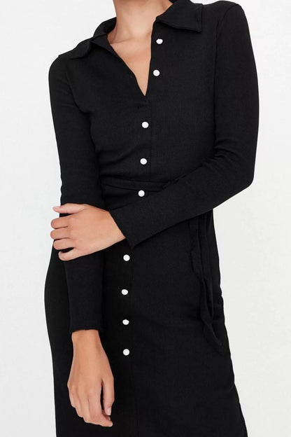 Women Fashion Stylish Midi Length Shirt Collar Slim Fit Polo Collar Ribbed Buttoned Flexible Knit Dress