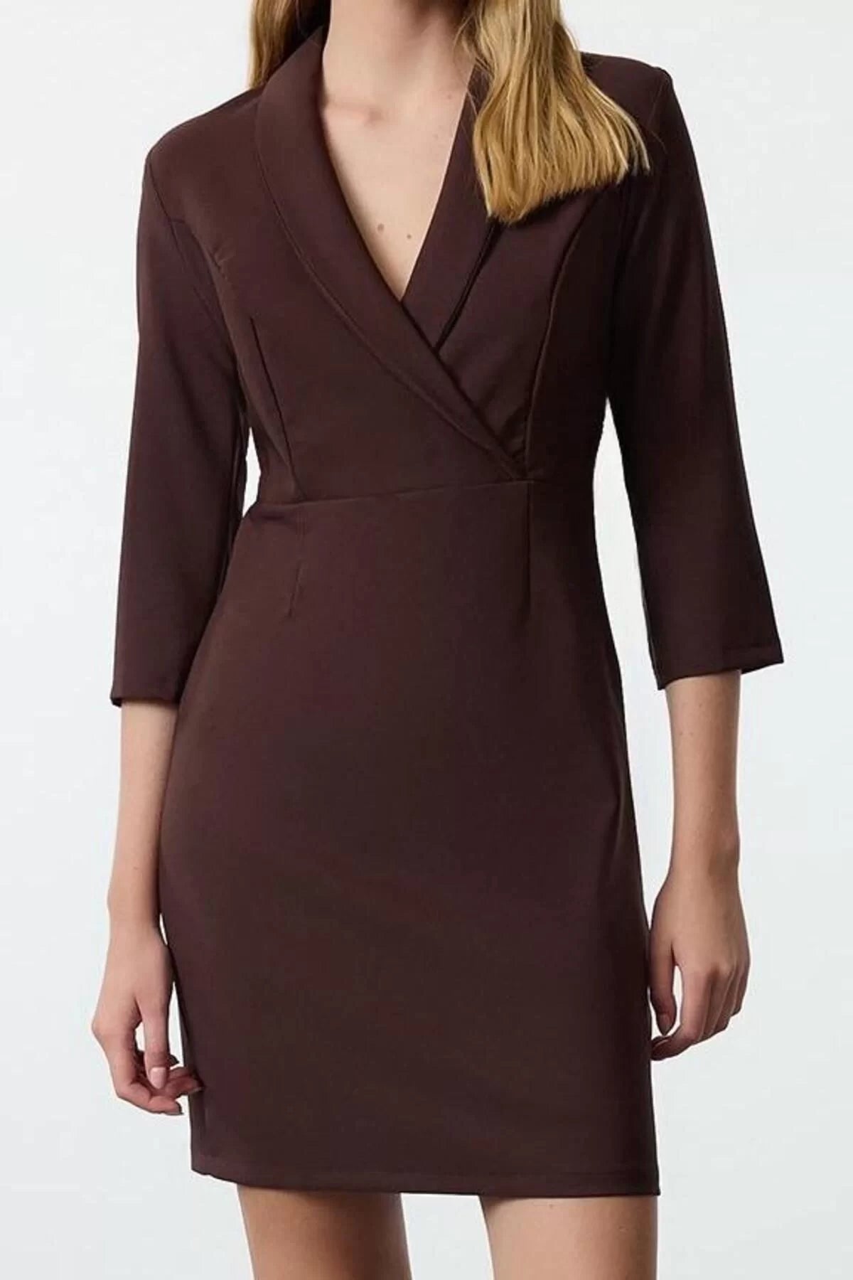 Women Fashion Stylish Mini Length Jacket Collar Fitted V Neck Woven Dress