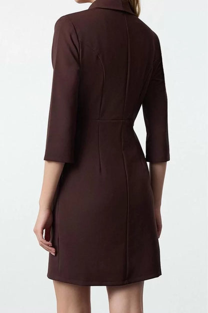 Women Fashion Stylish Mini Length Jacket Collar Fitted V Neck Woven Dress