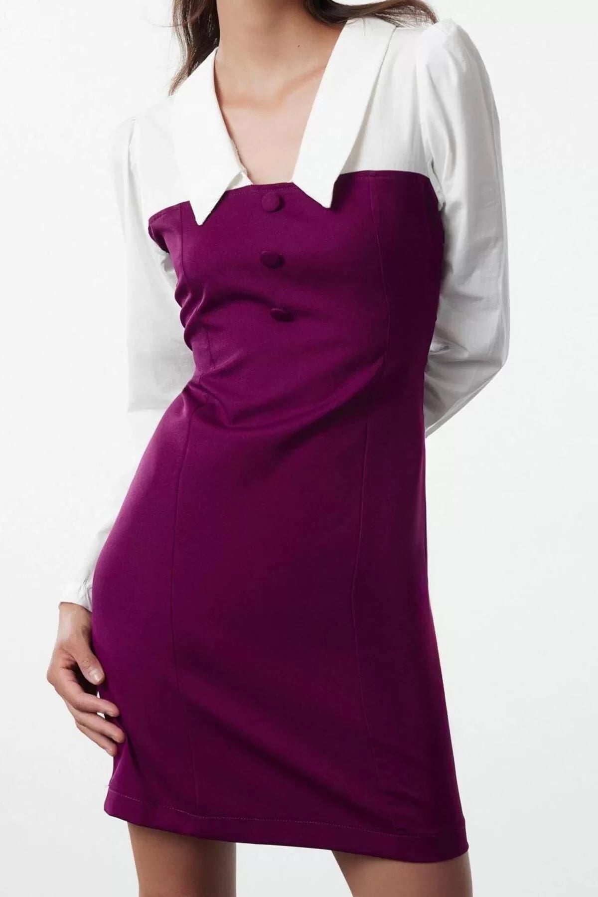 Women Fashion Stylish Mini Length Shirt Collar Fitted Plain Bodycon Woven Dress Woven Dress