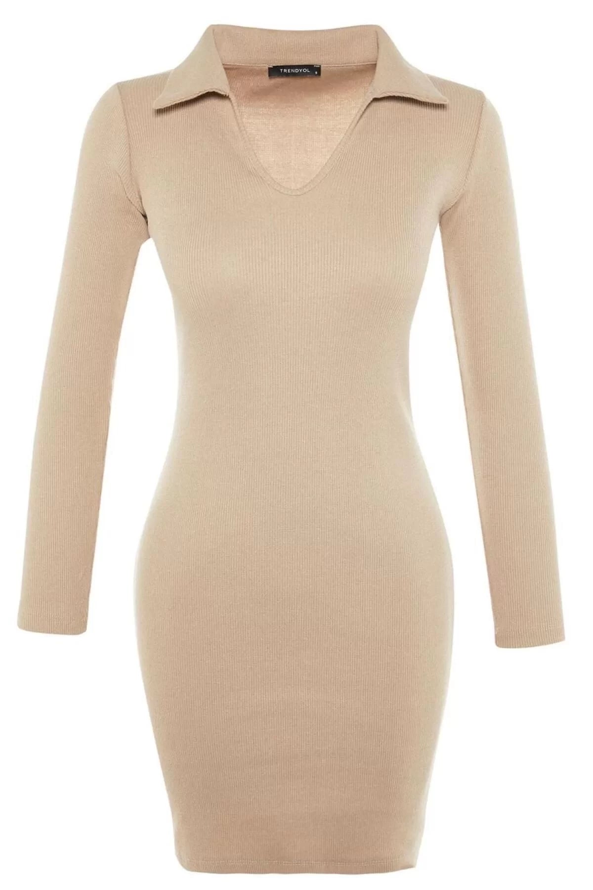 Women Fashion Stylish Mini Length Polo Neck Slim Fitted Elastic Knitted Dress