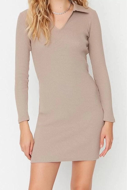 Women Fashion Stylish Mini Length Polo Neck Slim Fitted Elastic Knitted Dress