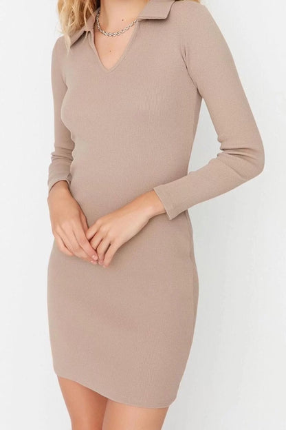 Women Fashion Stylish Mini Length Polo Neck Slim Fitted Elastic Knitted Dress