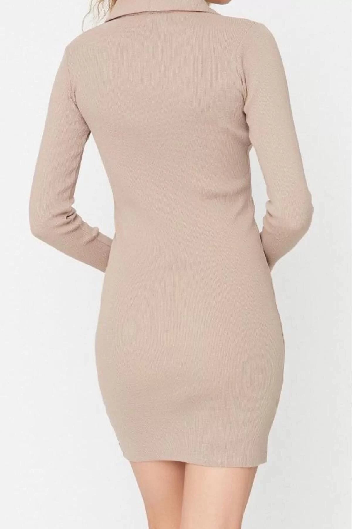 Women Fashion Stylish Mini Length Polo Neck Slim Fitted Elastic Knitted Dress