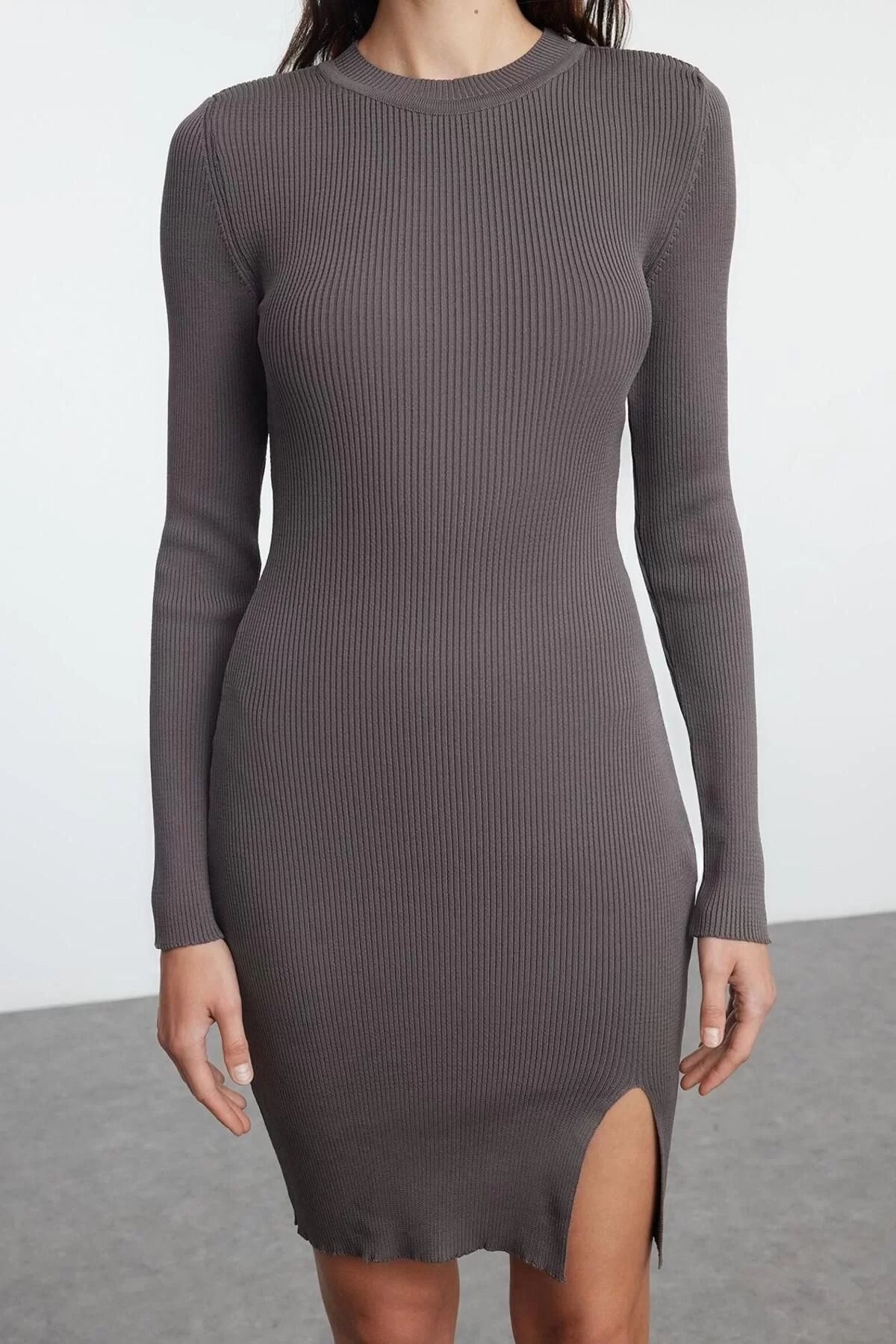 Women Fashion Stylish Mini Length Crew Neck Slim Knitwear Slit Bodycon Dress