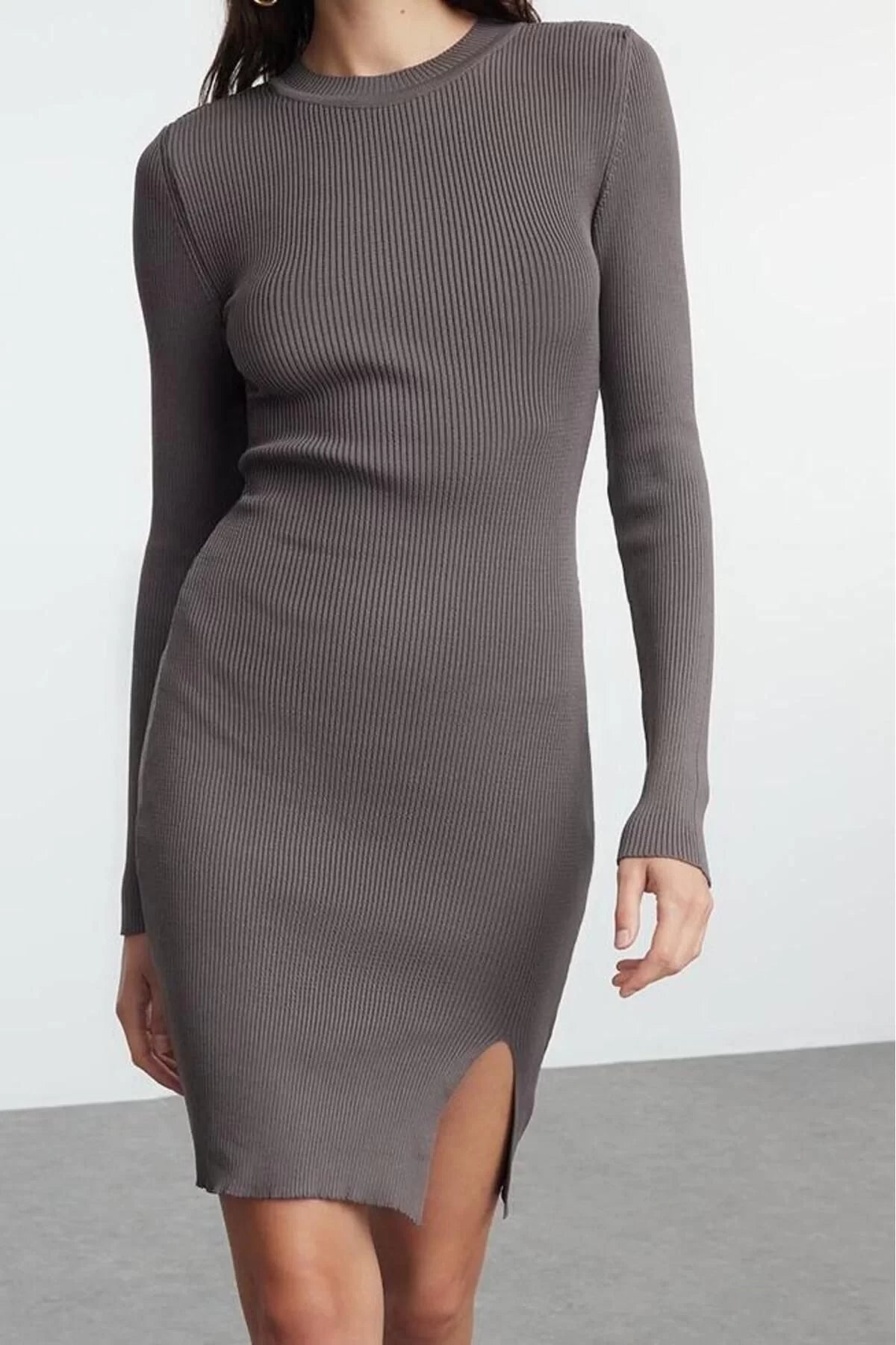 Women Fashion Stylish Mini Length Crew Neck Slim Knitwear Slit Bodycon Dress