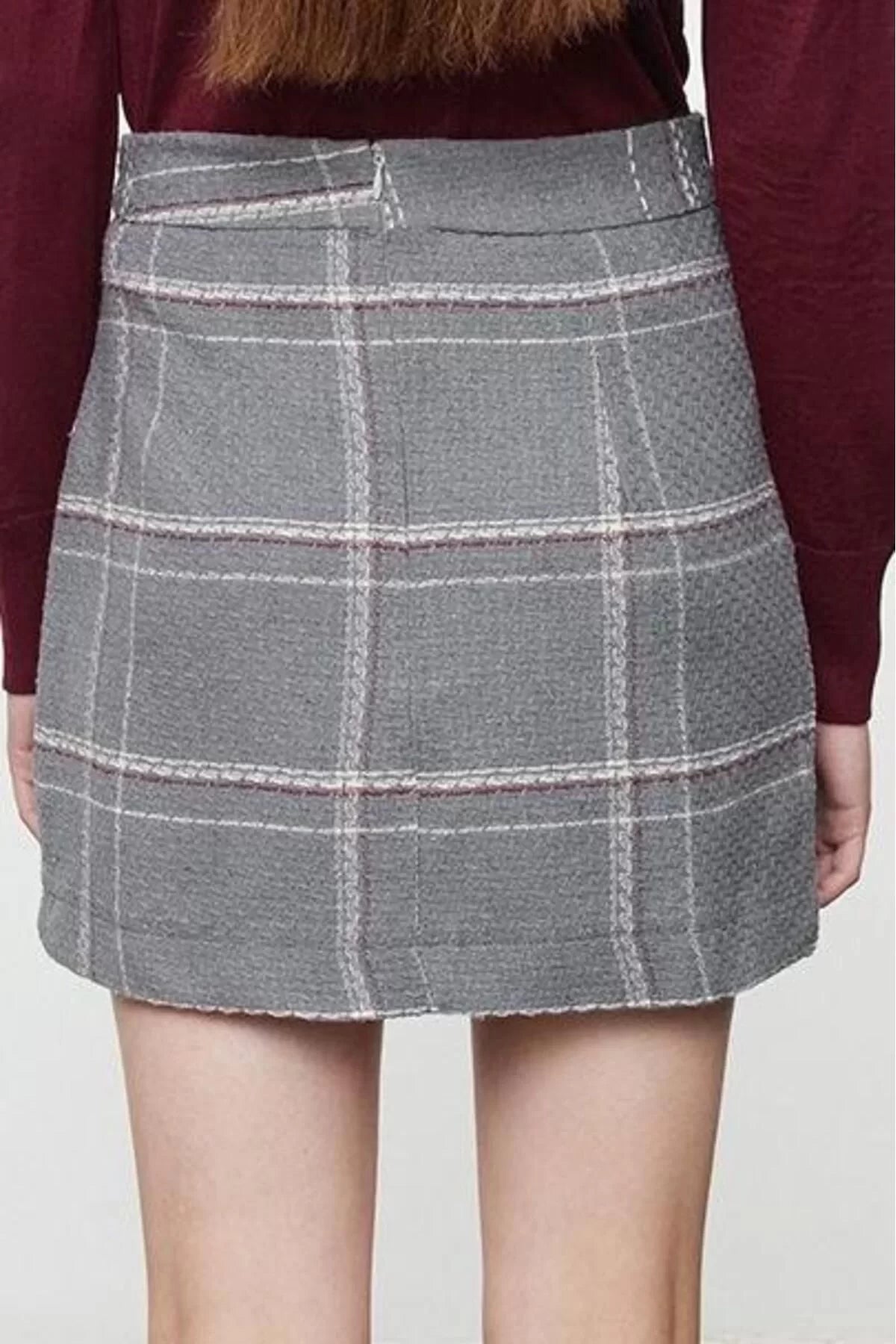 Women Fashion Style Mini Unlined Woven Double Breasted Plaid Skirt