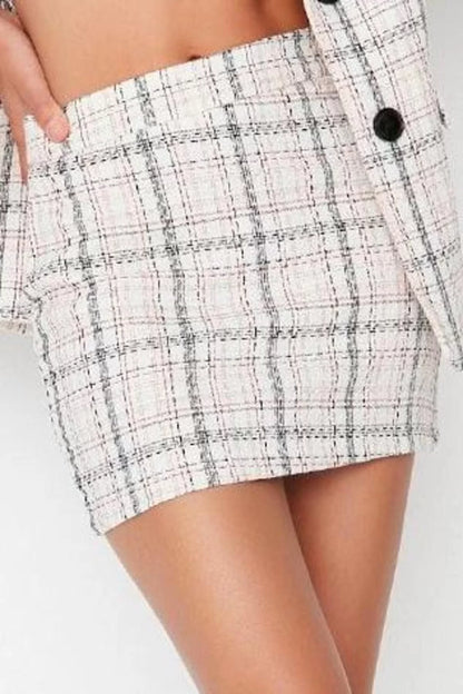 Women Fashion Style Mini Unlined Woven Plaid Patterned Tweed Fabric Mini Woven Skirt