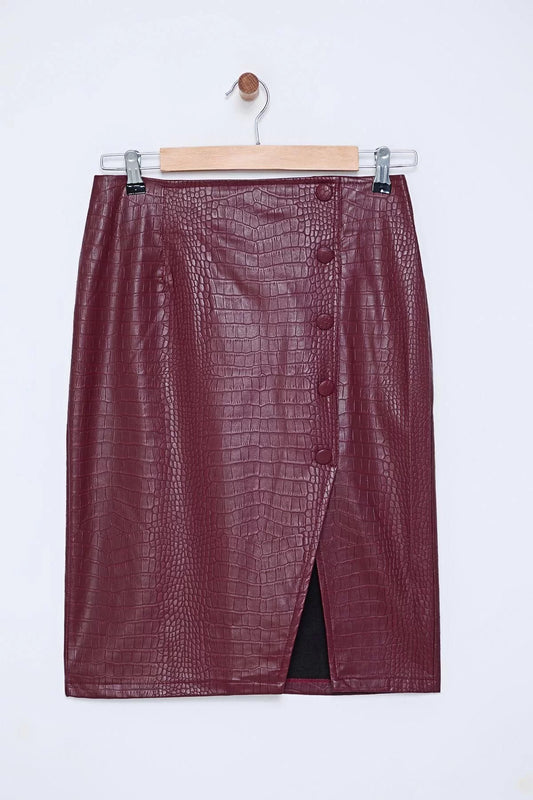 Women Fashion Style Midi Unlined Woven Limited Edition Faux Snakeskin Slit Detailed Woven Skirt