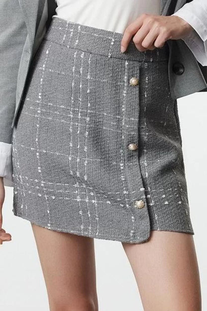 Women Fashion Style Mini Unlined Woven Buttoned Tweed Fabric Mini Woven Skirt