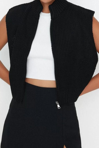 Women's Fashion Stylish Stand Collar Standard Sleeve Crop Zipper Basic Knitwear Vest