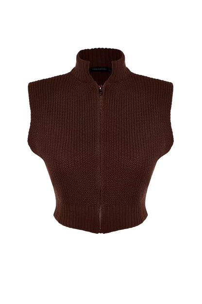 Women's Fashion Stylish Stand Collar Standard Sleeve Crop Zipper Basic Knitwear Vest