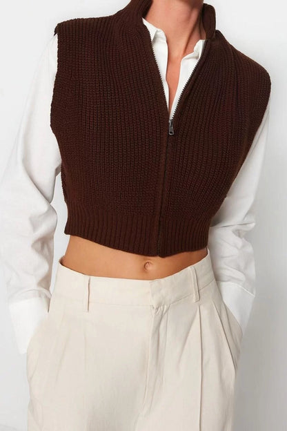 Women's Fashion Stylish Stand Collar Standard Sleeve Crop Zipper Basic Knitwear Vest