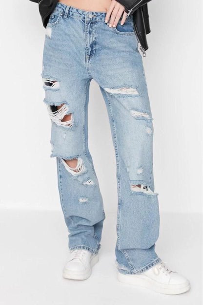 Women Fashion Stylish Jeans Pants Wide Leg Long Denim Blue Ripped Low Waist