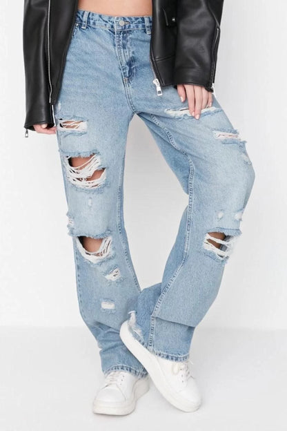 Women Fashion Stylish Jeans Pants Wide Leg Long Denim Blue Ripped Low Waist